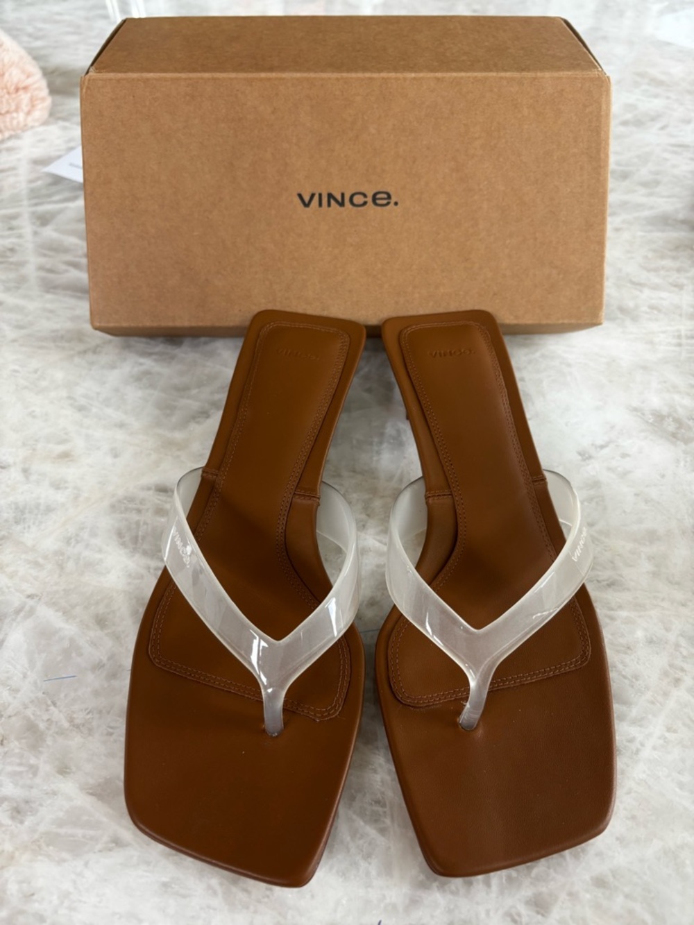 Vince Brown Leather Square-Toe Sandals with Clear Straps